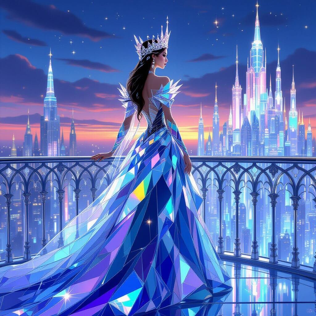 Queen in Shimmering Glass Gown on Crystal Balcony