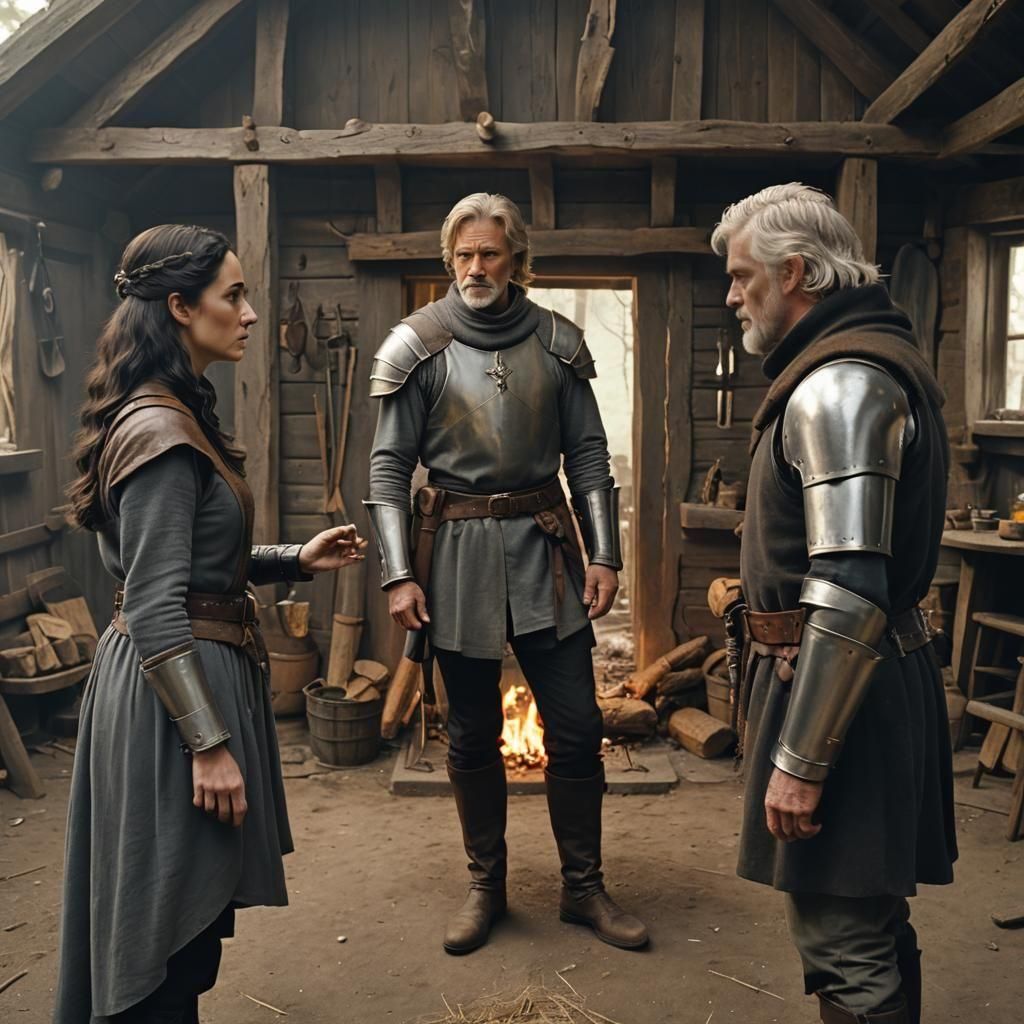 Dramatic Confrontation Inside Woodsman's Hut: Cinematic Stil...