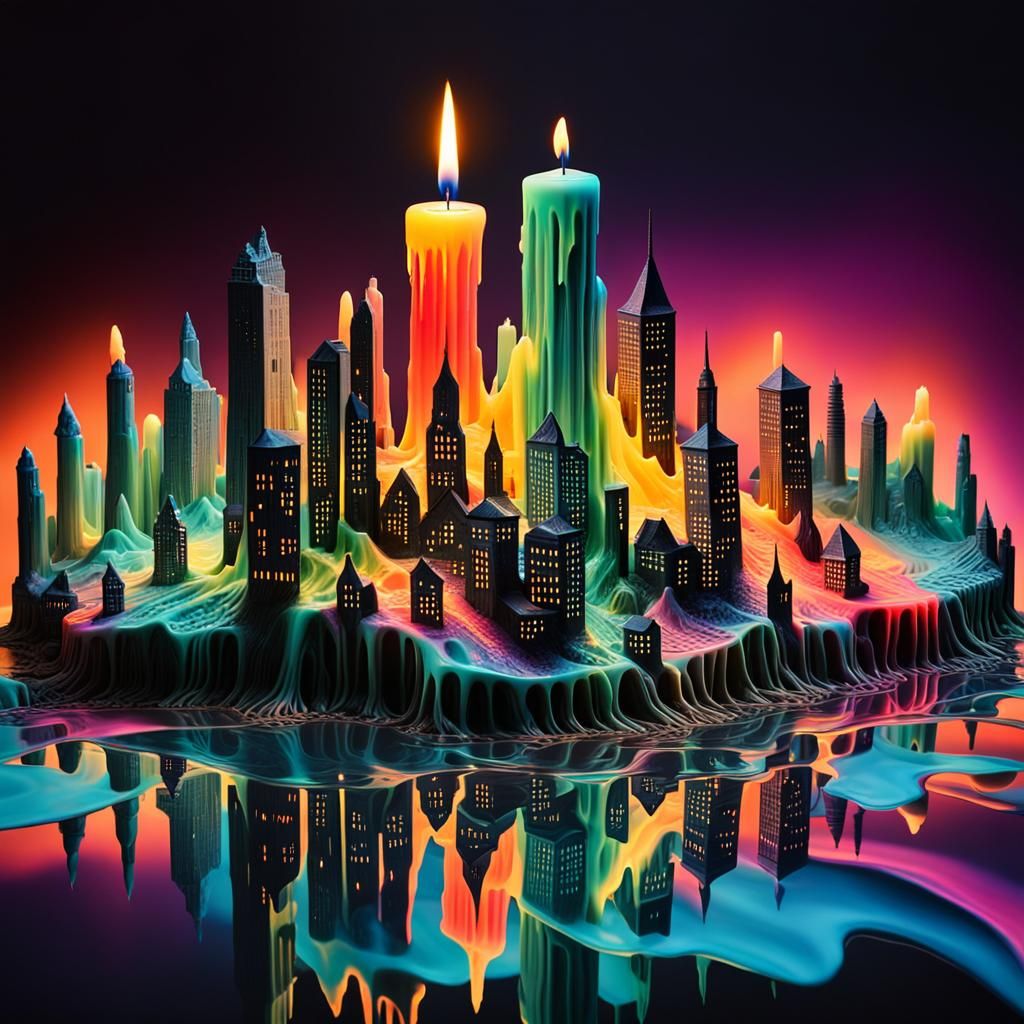 Luminescent Wax Cityscape with Iridescent Glow