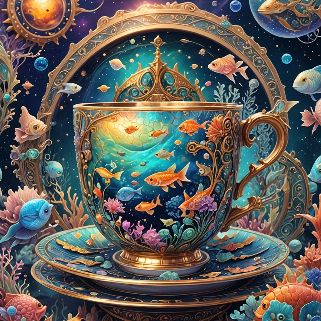 Magical Sea Cup: Holographic Cosmic Illustration