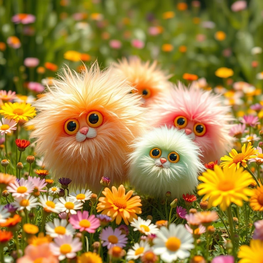 Fluffy Pastel Creatures in Flower Field, Whimsical Illustrat...