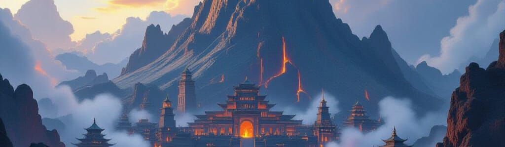 Volcanic City Carved in Stone: Matte Painting Style