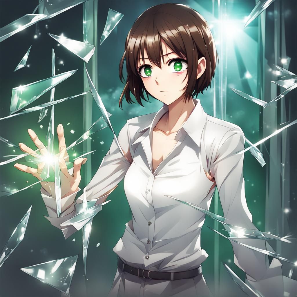 Anime Girl with Green Eyes and Broken Glass Background