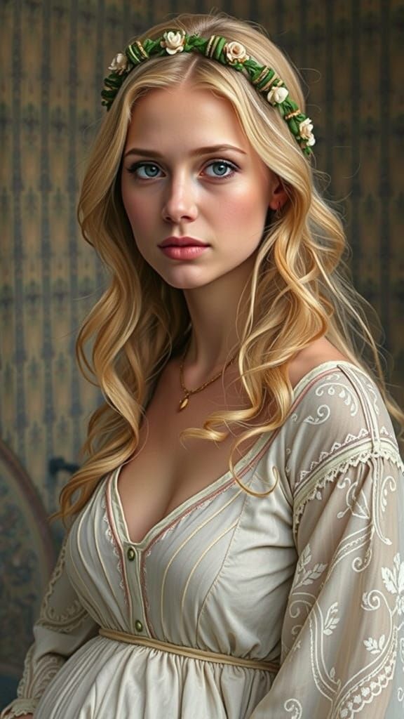 Pregnant Pioneer Woman in 18th Century Gray-Green Dress