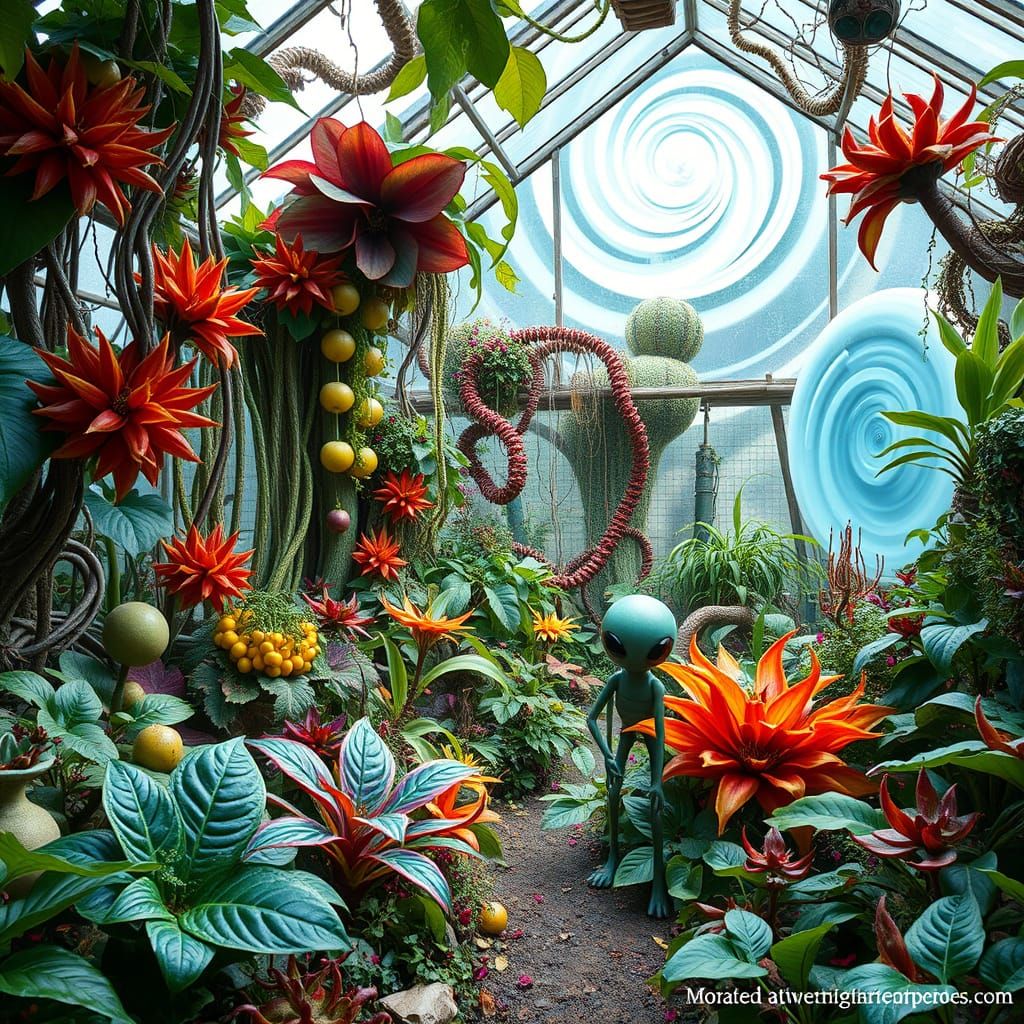 Eclectic Martian Glasshouse with Vibrant Alien Flora and Fru...