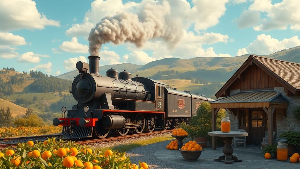 Steam Train Journey Through Orange Valley: Rustic Realism