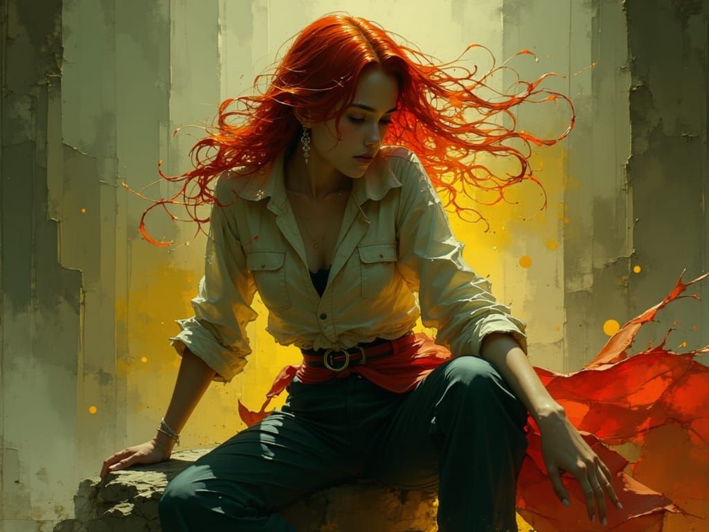 Fantasy Woman with Windswept Red Hair in Dramatic Light