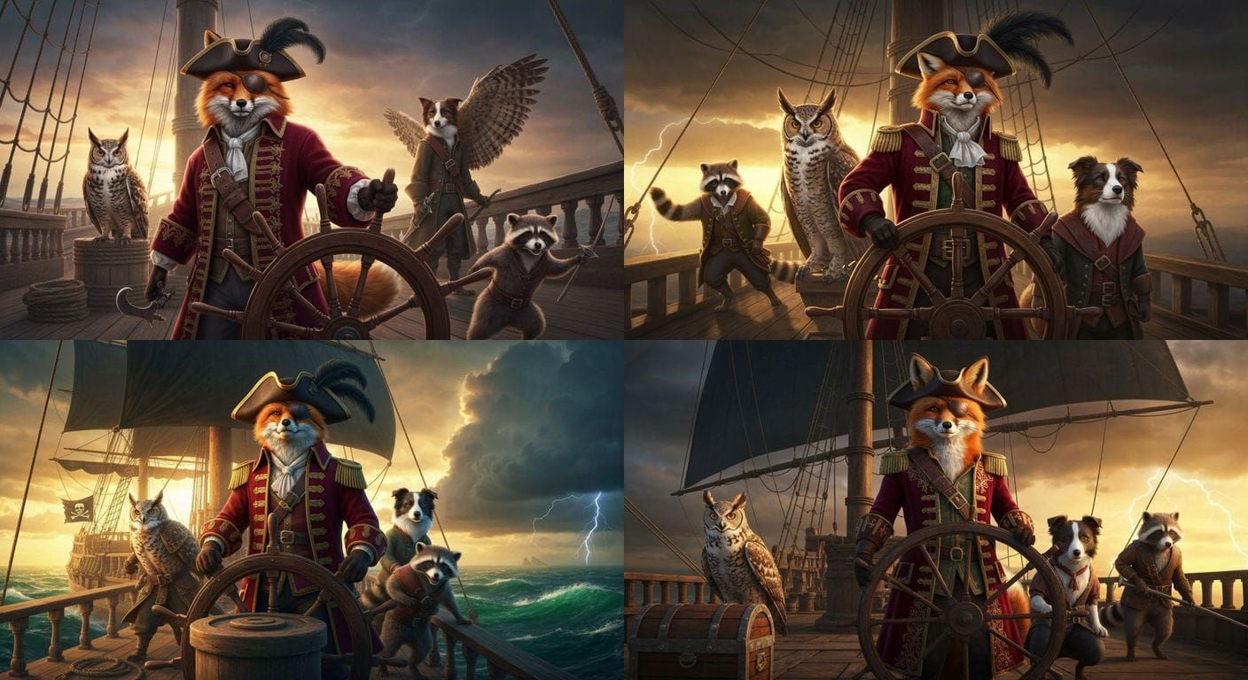 Animal Pirates Sailing Galleon at Stormy Sunset