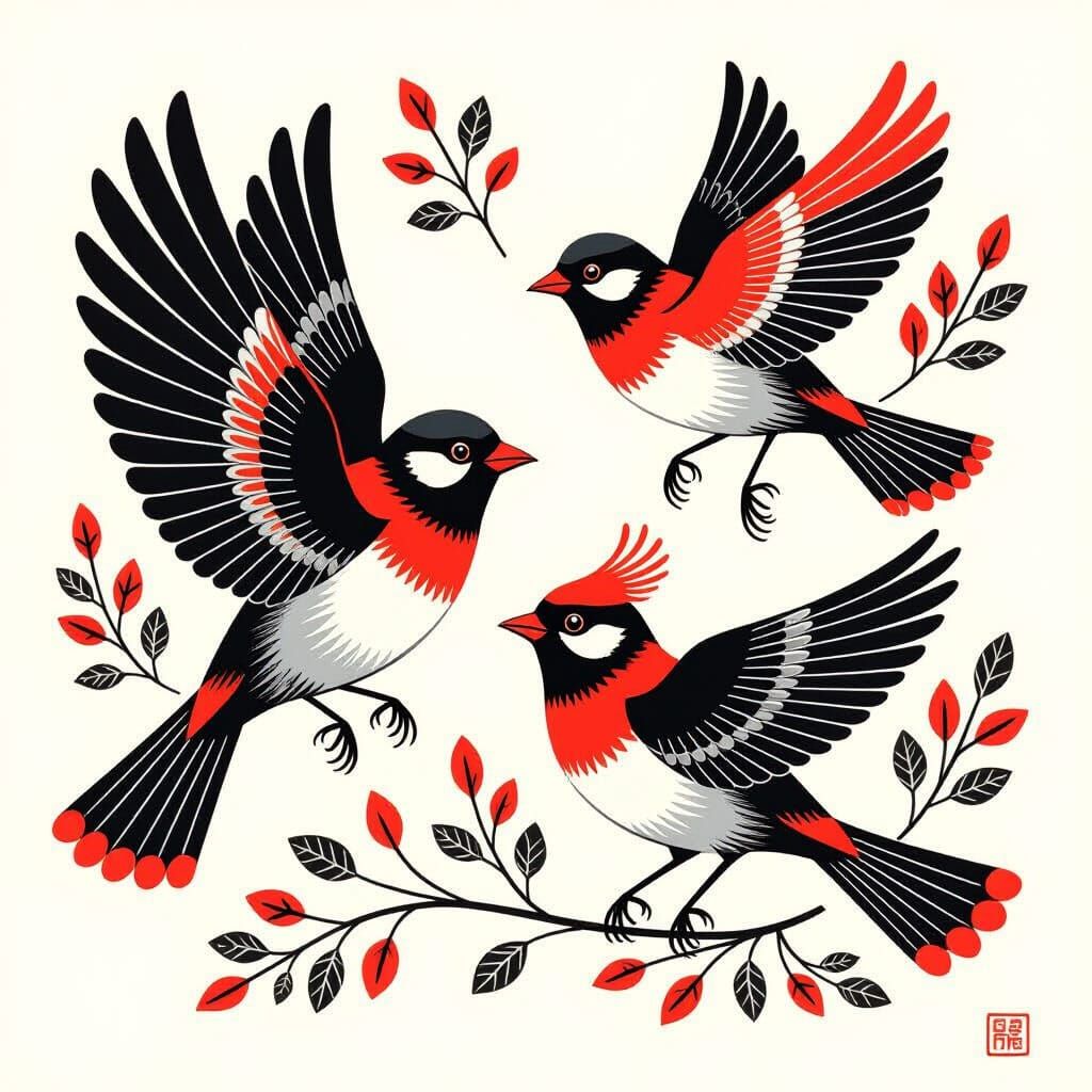Stylized Birds in Black, White and Red