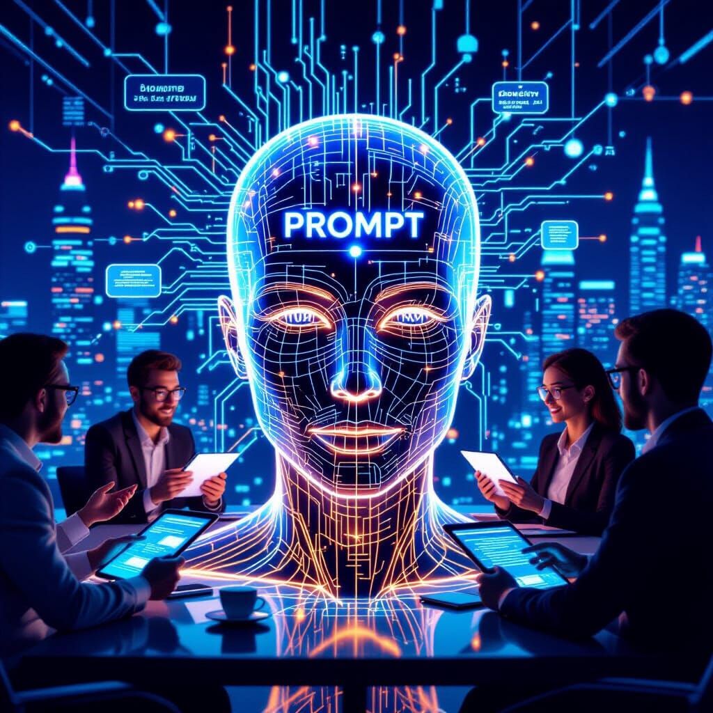 Glowing AI Head with 'PROMPT' on Forehead in Futuristic City