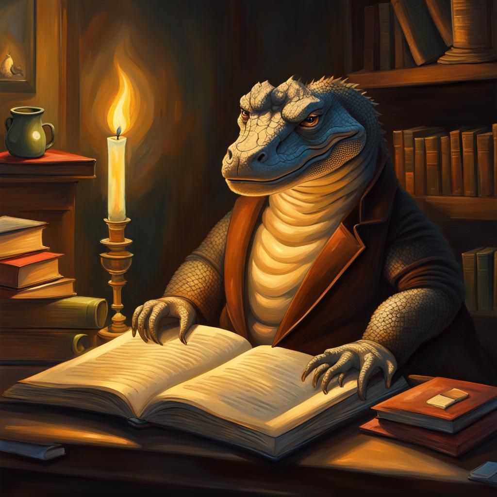 A comodo dragon reading a book by candlelight, in a cozy study with oil paintings and books.
