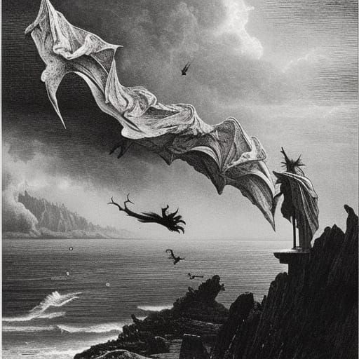 Dragons Flying Around Castle: Doré-Inspired Art