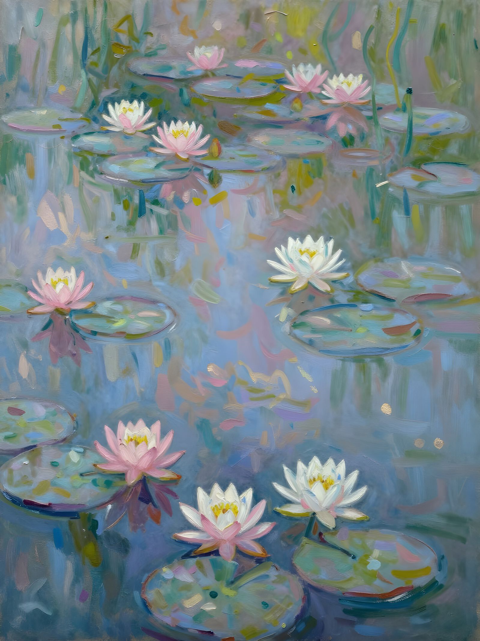 Serene Water Lily Pond in Neo-Impressionist Oil Style
