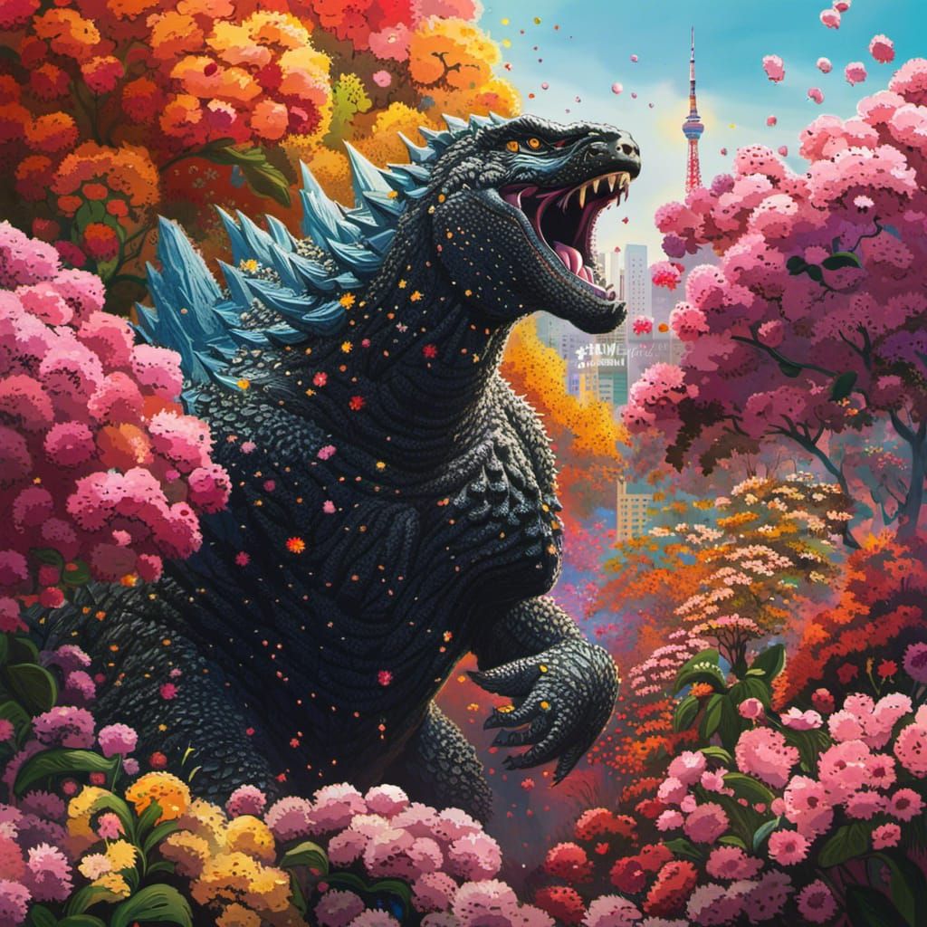Godzilla Covered in Flowers Walks in Tokyo