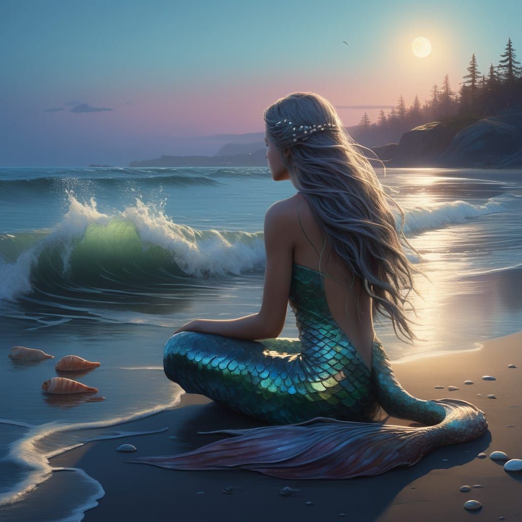 Luminous Mermaid Contemplates Endless Ocean