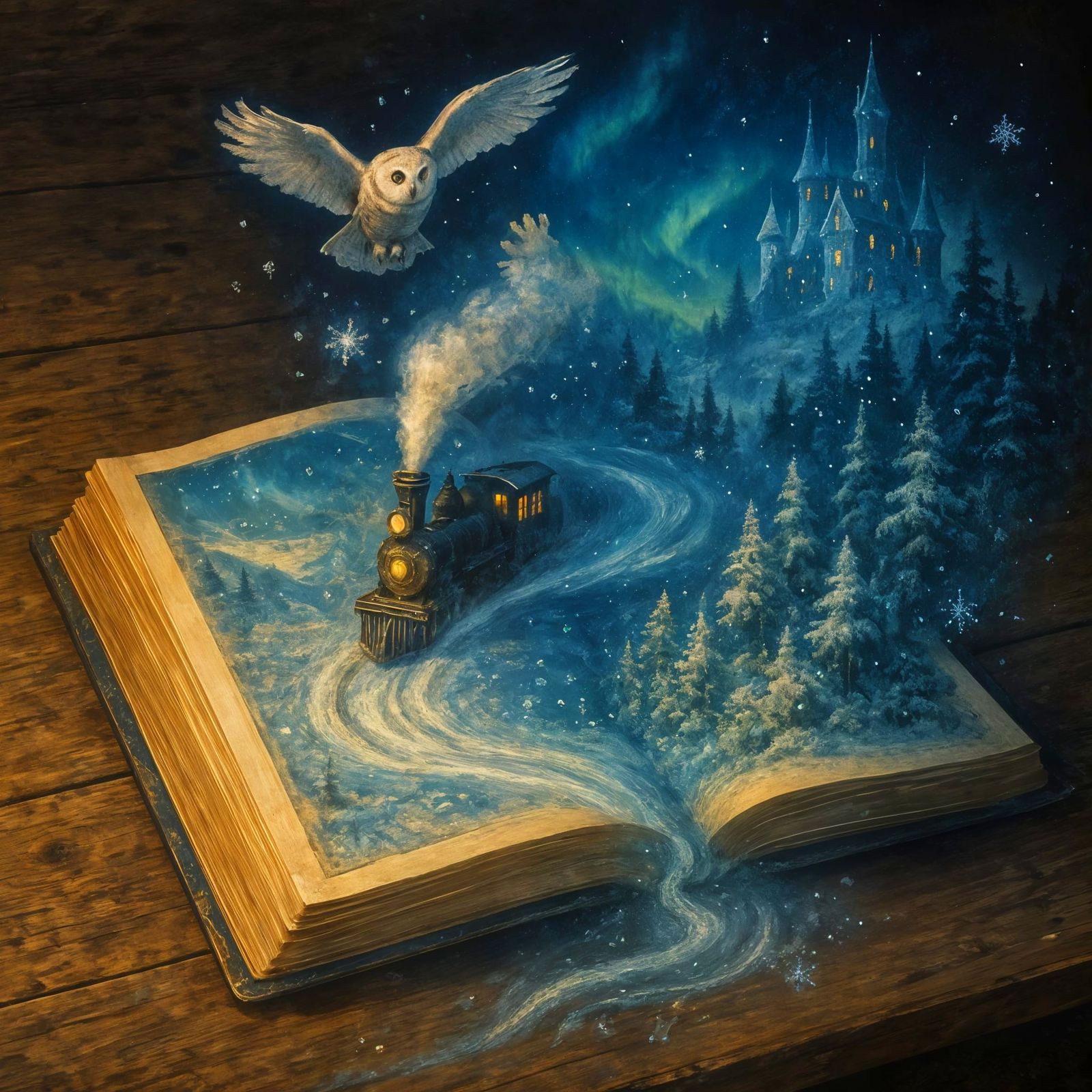 Magical Winter Scene Emerging from Antique Book