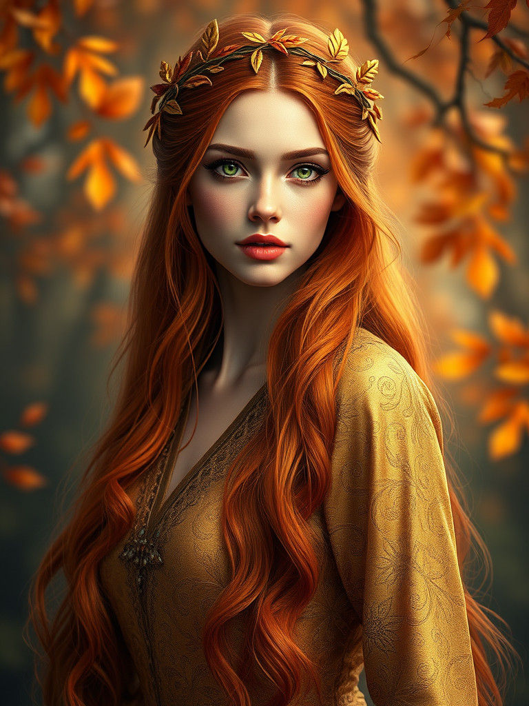 Autumn Goddess in Golden Dress, Hyperdetailed Portrait