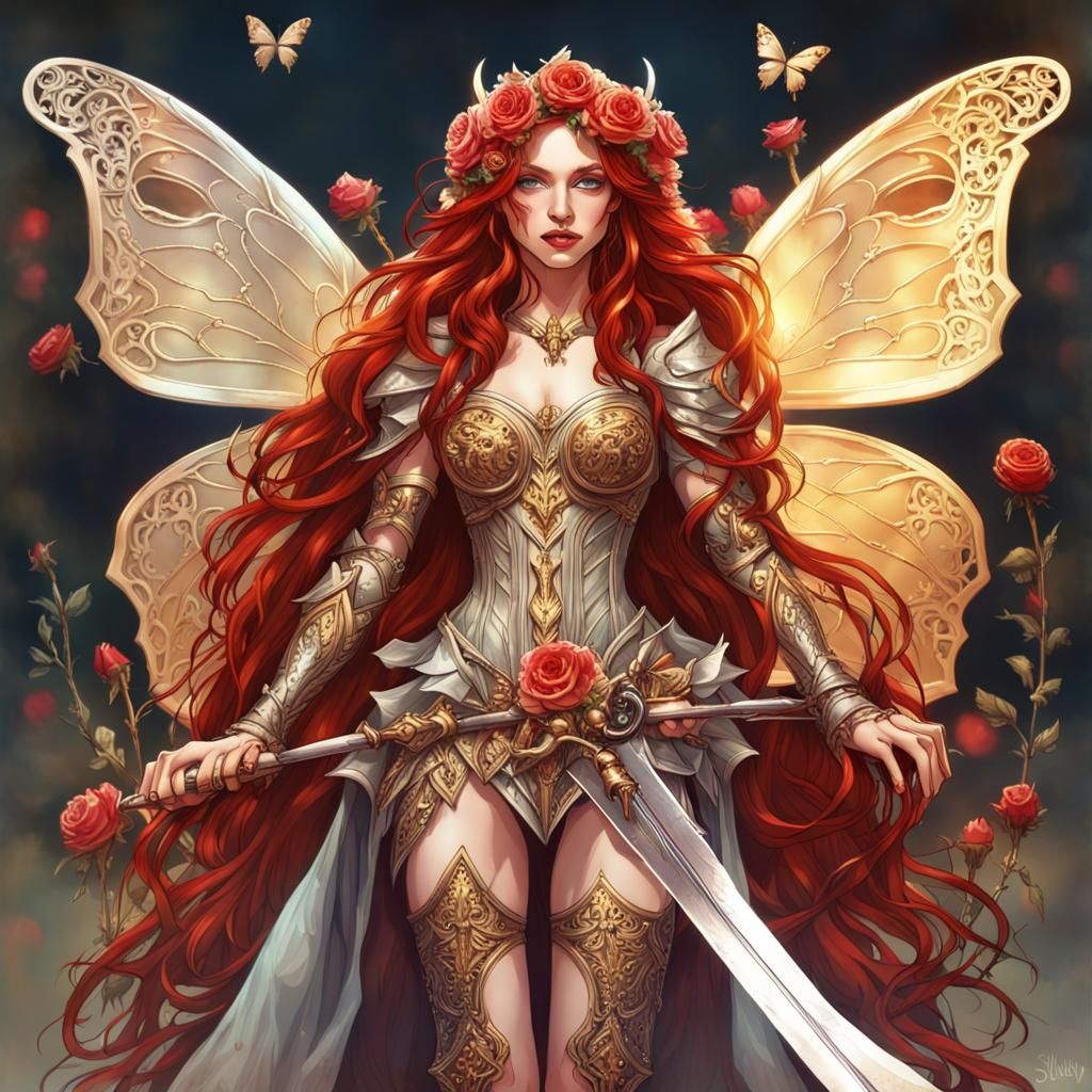 Gothic Fairy Princess with Sword in Gouache Style