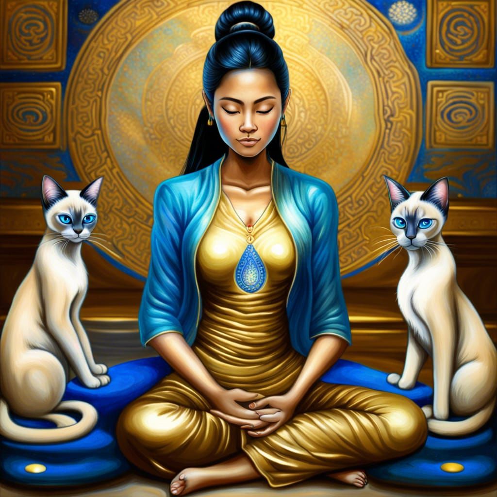 Thai Woman Meditating with Cats in Temple