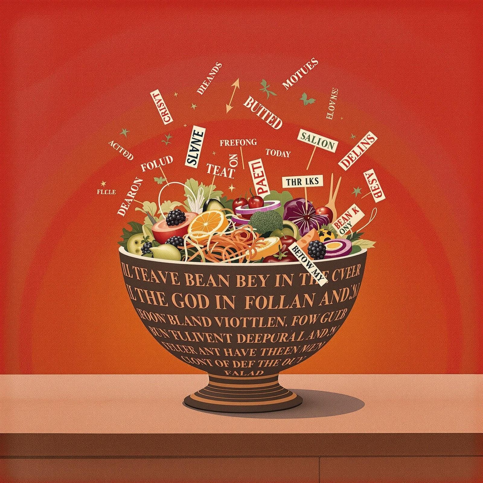 Surreal Salad Bowl Filled with Words in Vibrant Digital Art