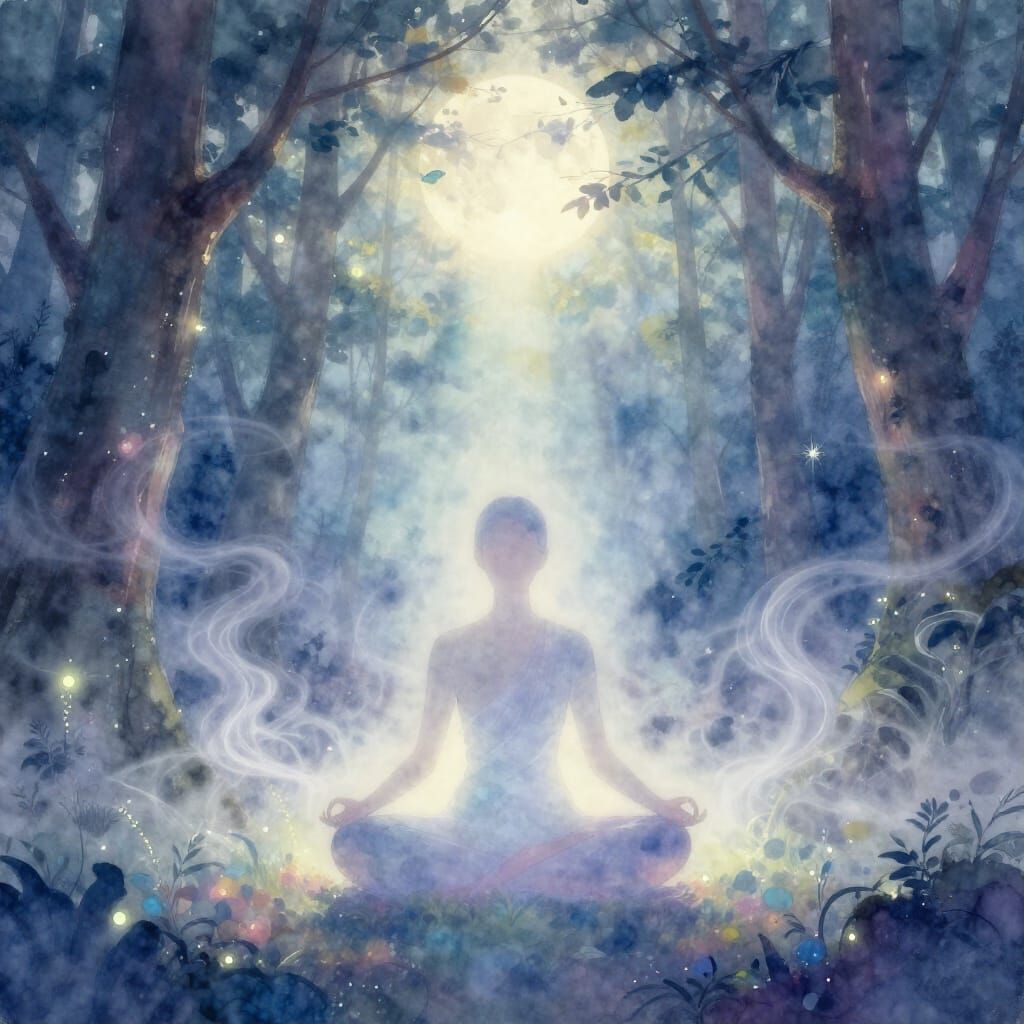 Figure Meditating in Ethereal Moonlit Forest