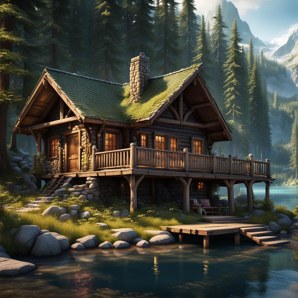 Fantastical Lakeshore Cabin Campground in Detailed Matte Pai...