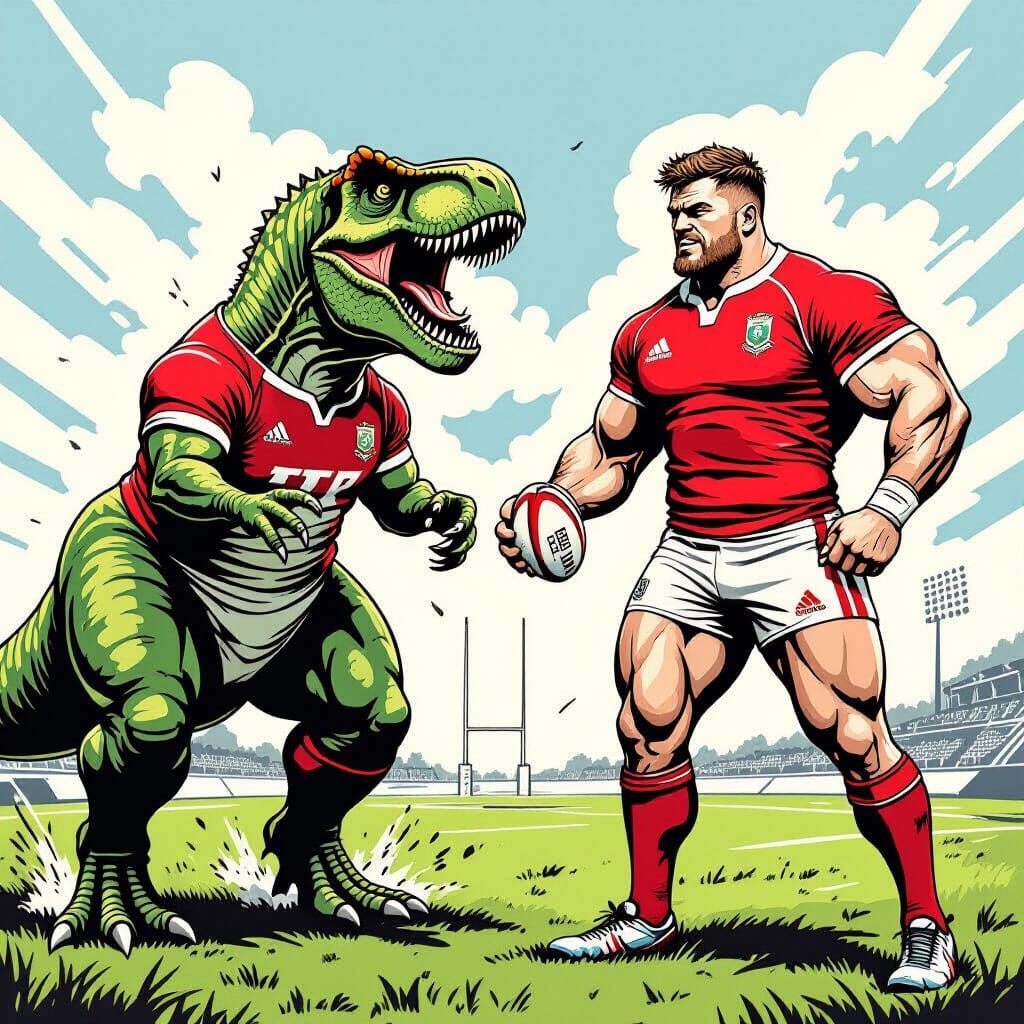 T-Rex Rugby Player vs Human Rugby Player Ink Art