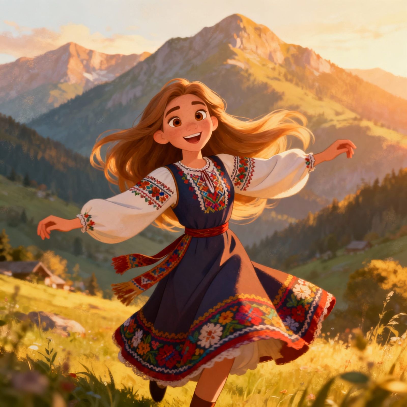 Joyful Hutsulka Dancer in Disney Style