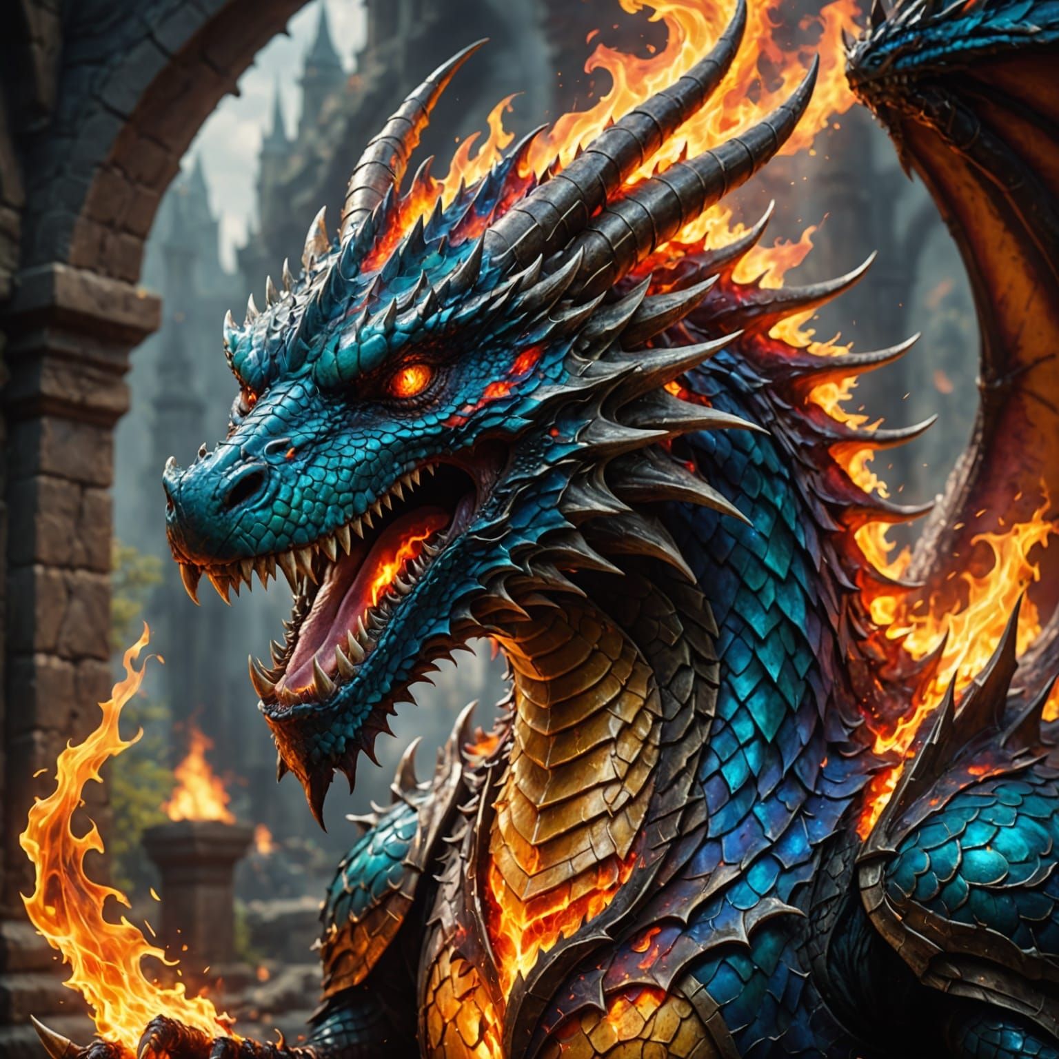 Vibrant Dragon Blazes with Fiery Breath in Intricate Detail