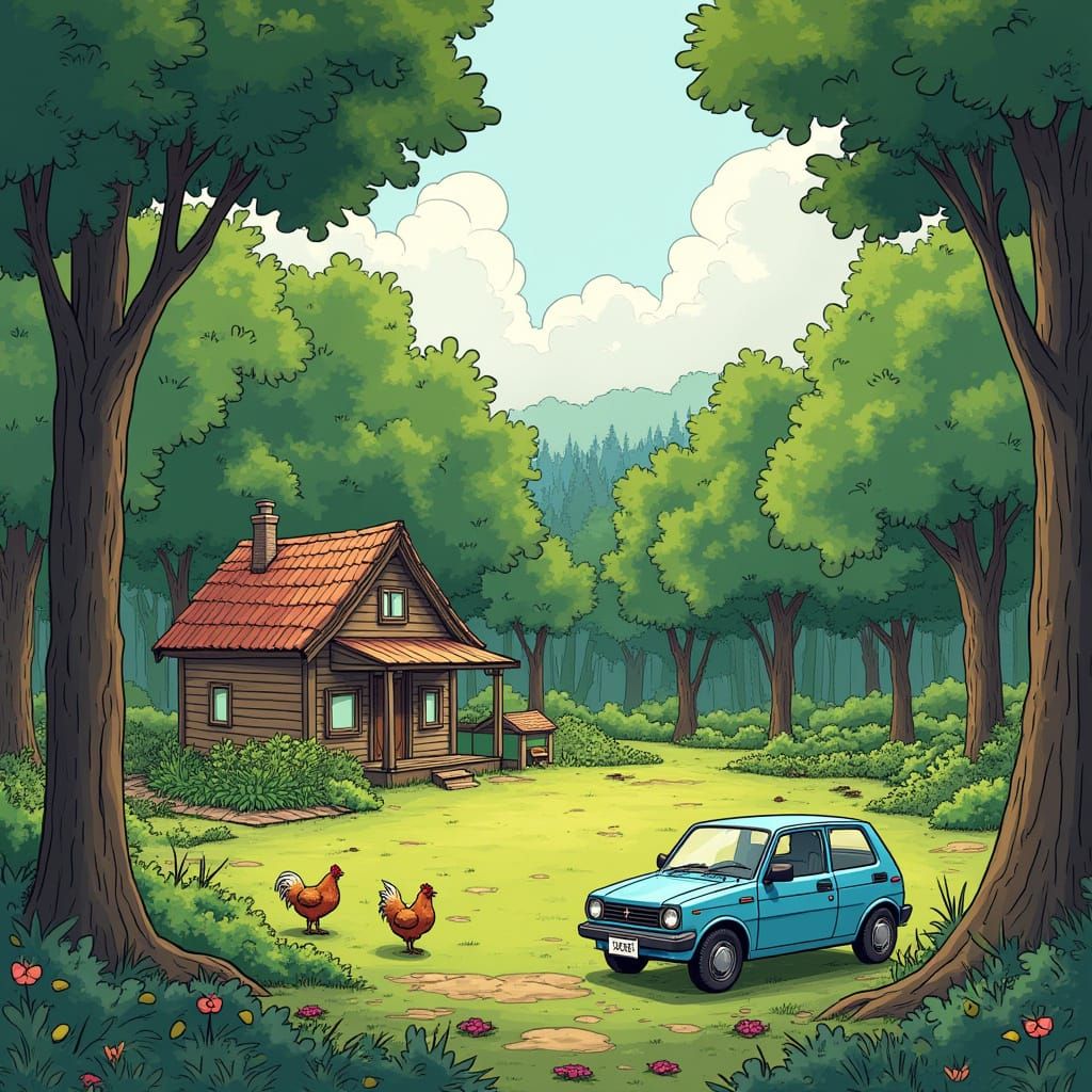 Charming Forest Clearing Home with Blue Hatchback