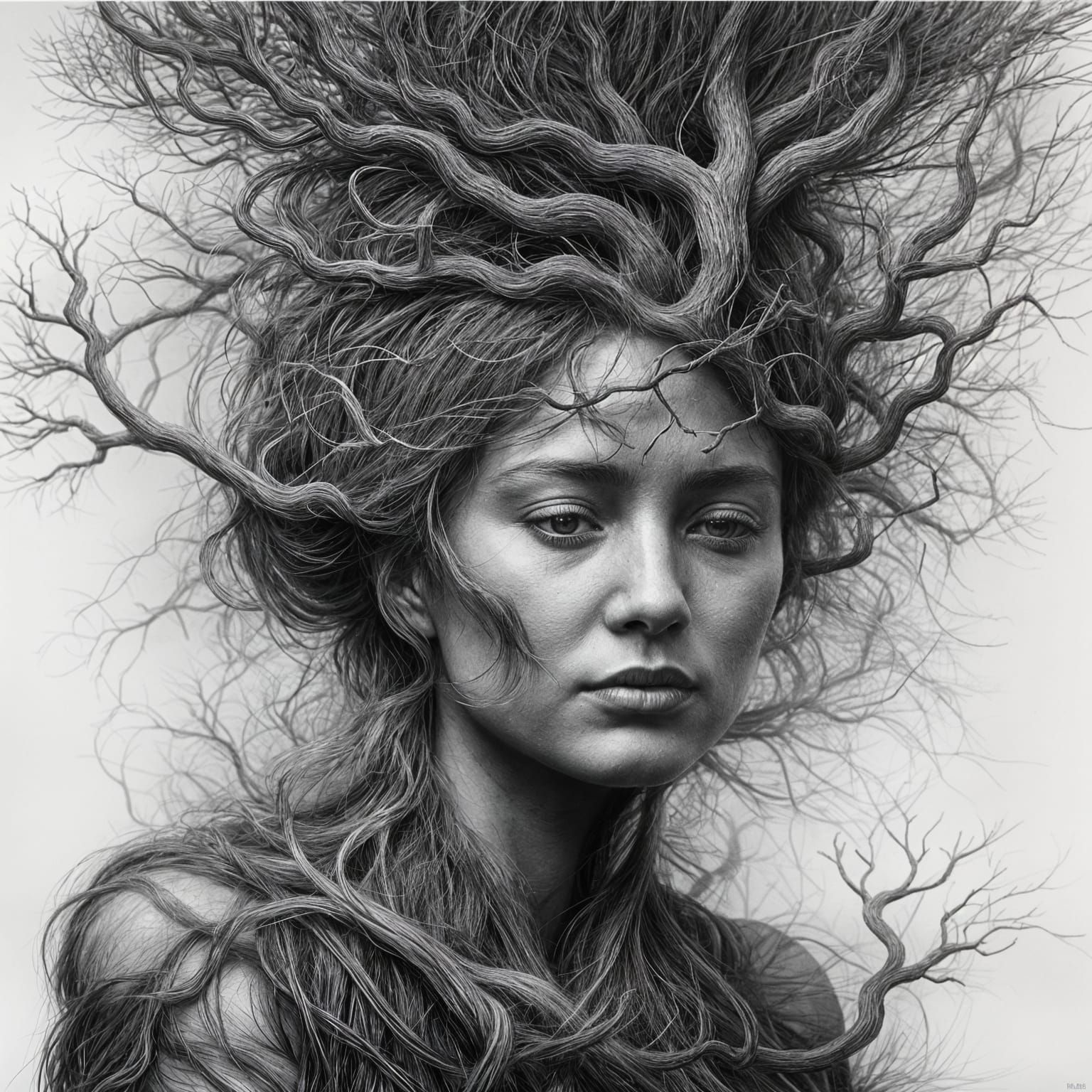 Hyperdetailed Charcoal Drawing: Woman and Tree