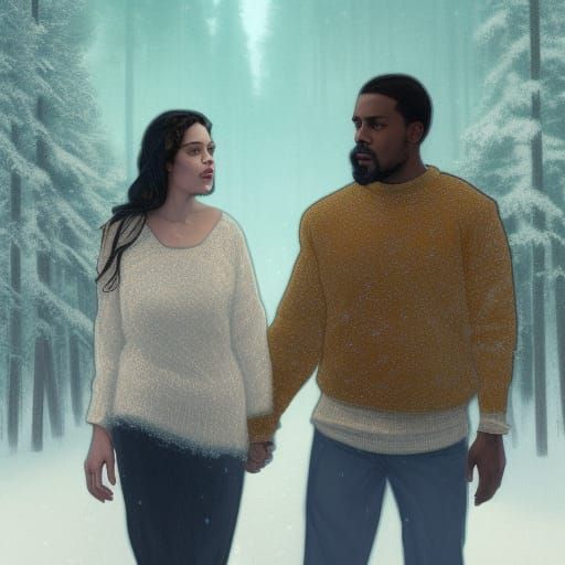 Biracial Couple in Snowy Woods Under Aurora