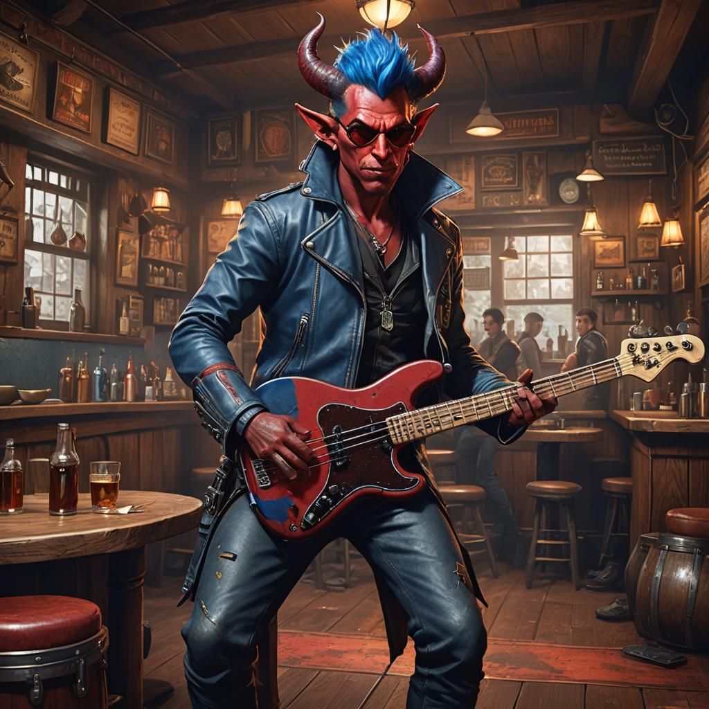 Tiefling Bard Plays Bass in Tavern: Fantasy Art