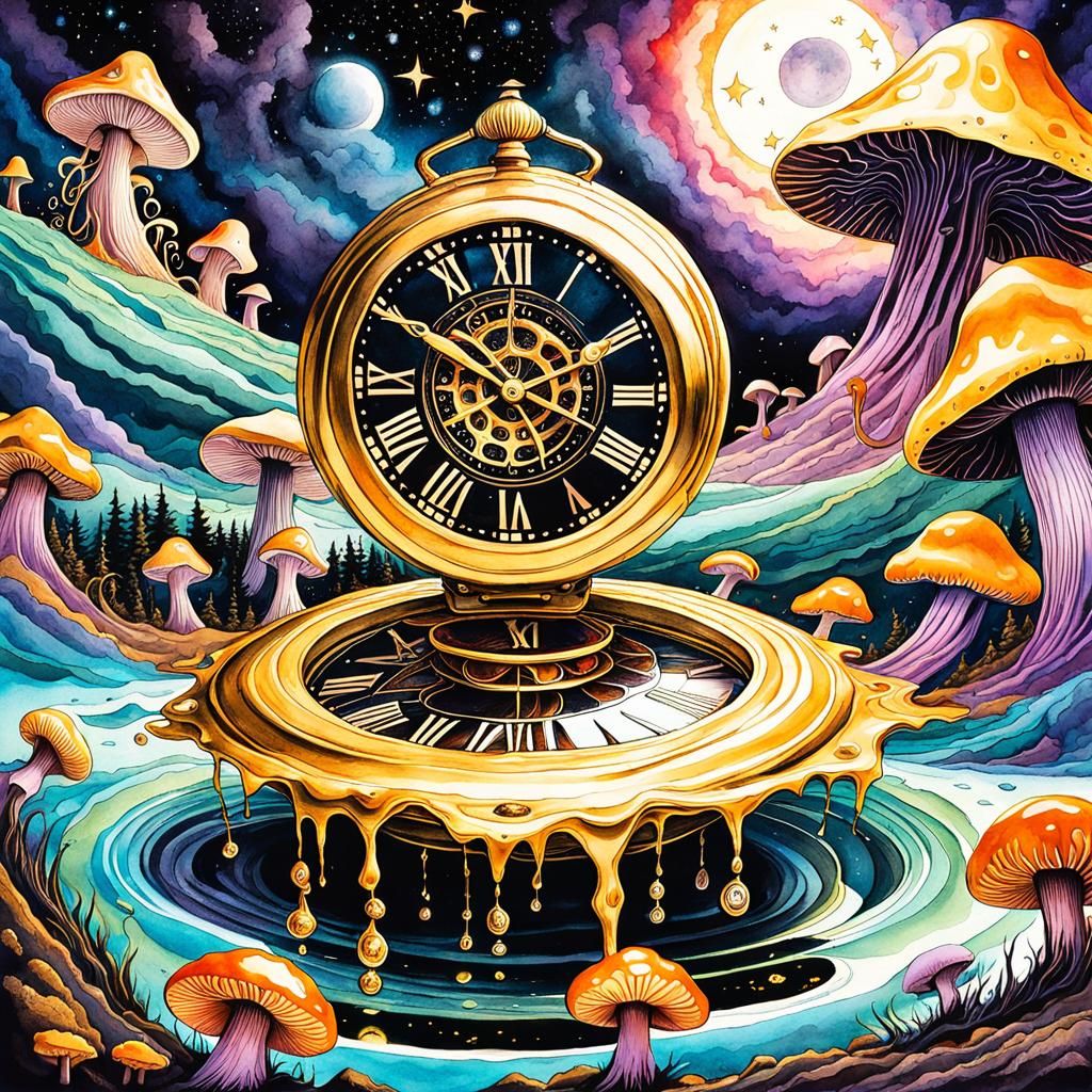 Surreal Lovecraftian Golden Clock Melting on Shore