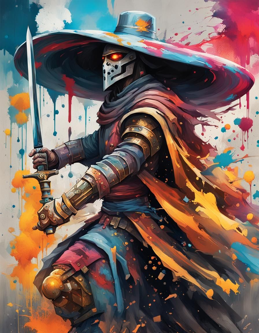 Robotic Warrior Swinging Sword in Graffiti Art Style