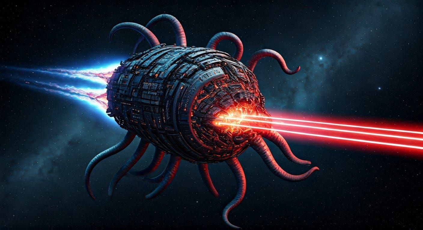 Cosmic Octopus Spaceship Explodes with Laser Blasts