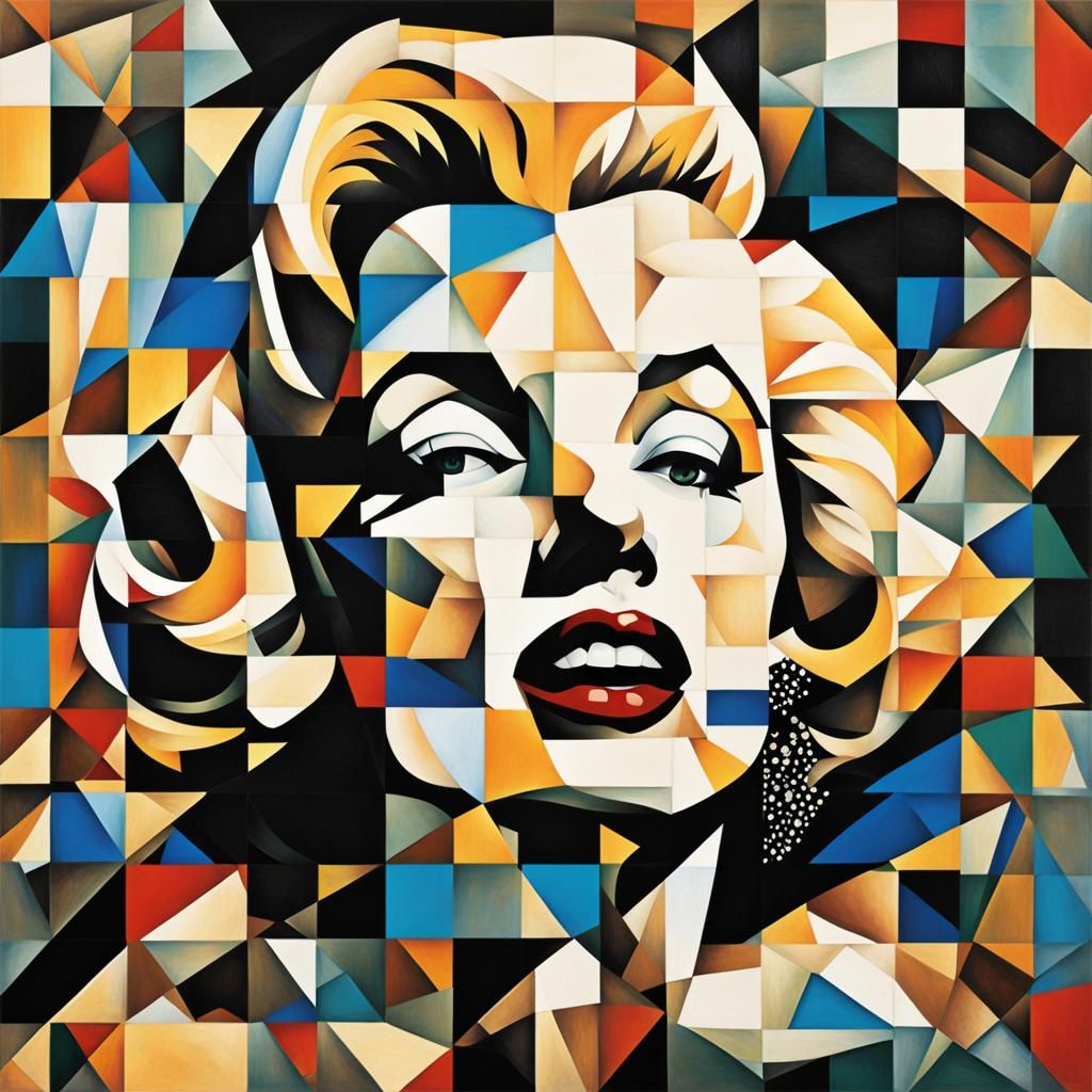 A portrait of Marilyn Monroe, Done using Cubism style art us...