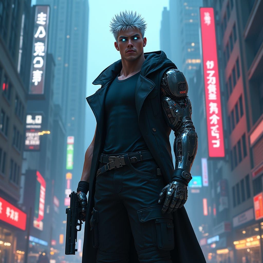 Cyberpunk Detective in Gritty, High-Tech Cityscape