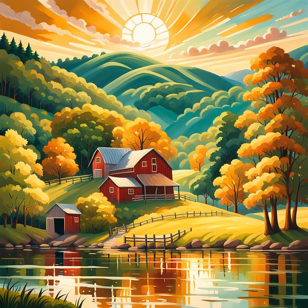 Farm by Serene Lake in Naive Art Style