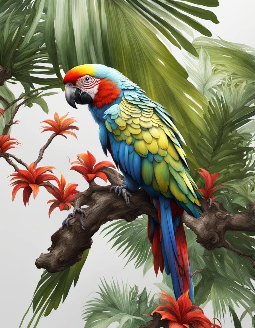 Painterly Parrot on Branch in Tropical Style
