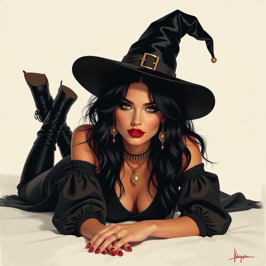 Captivating Woman with Witch Hat in Rembrandt Style