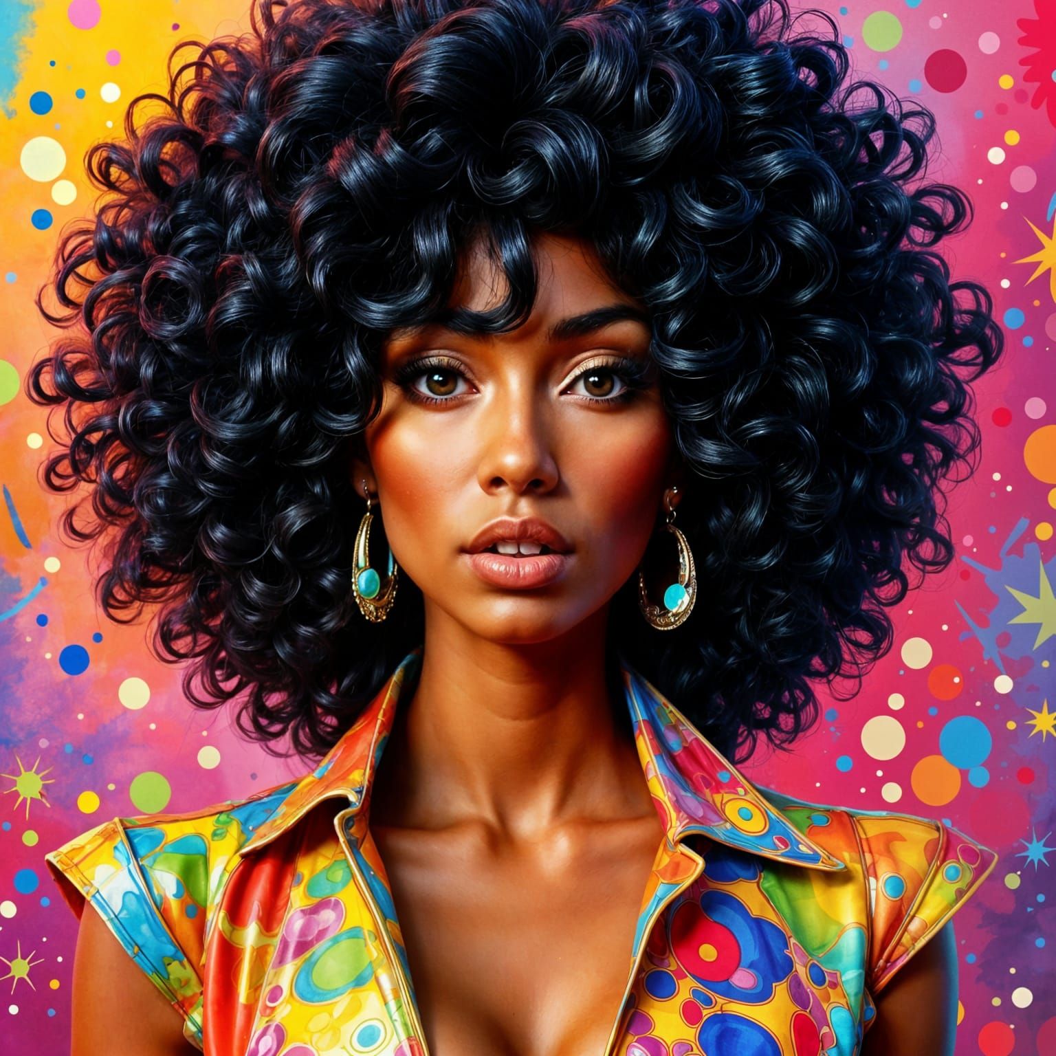 Funky 1970s Woman with Curly Hair and Luminous Features