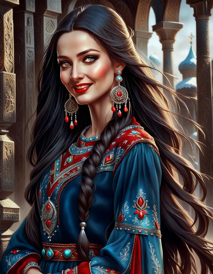 Beautiful Bulgarian Woman Playing Harp, Detailed Matte Paint...