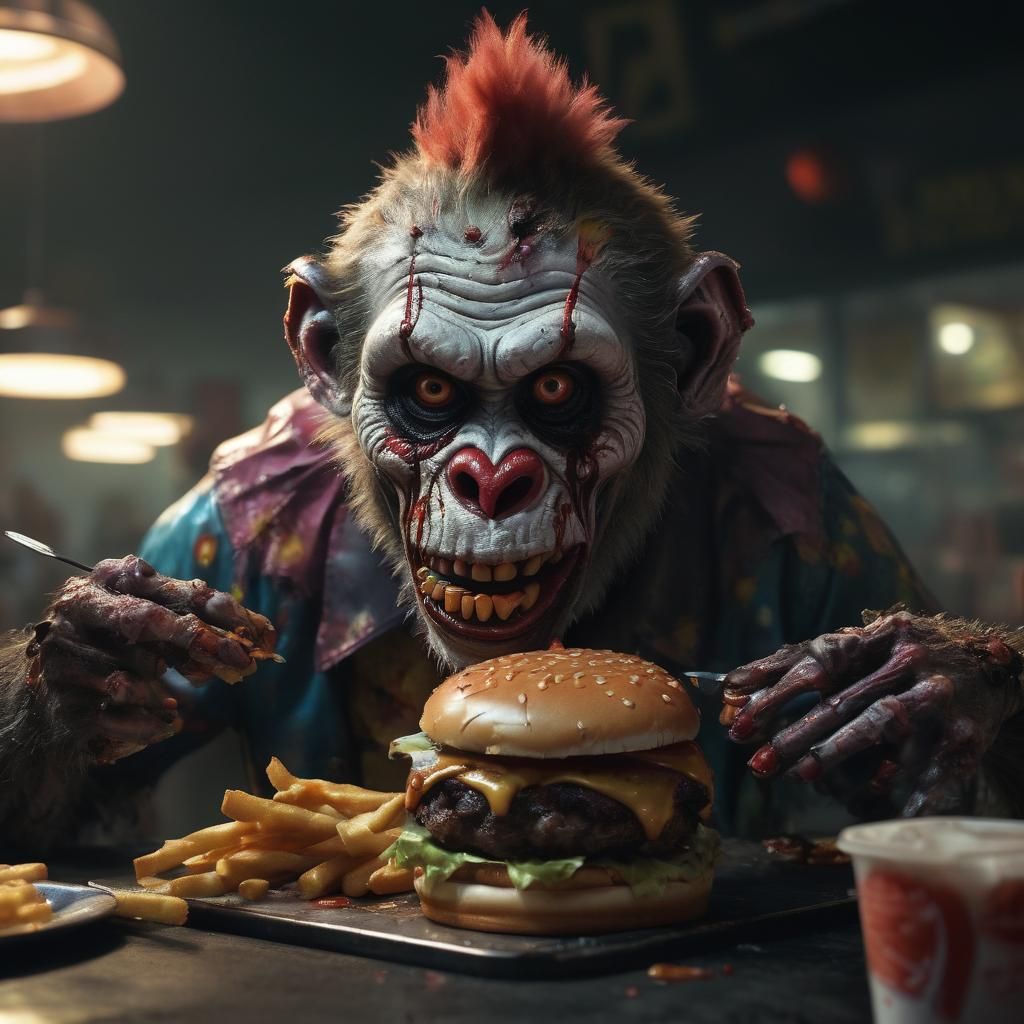 Zombie Monkey Clown Serves Burgers: Hyper-Realistic Concept ...