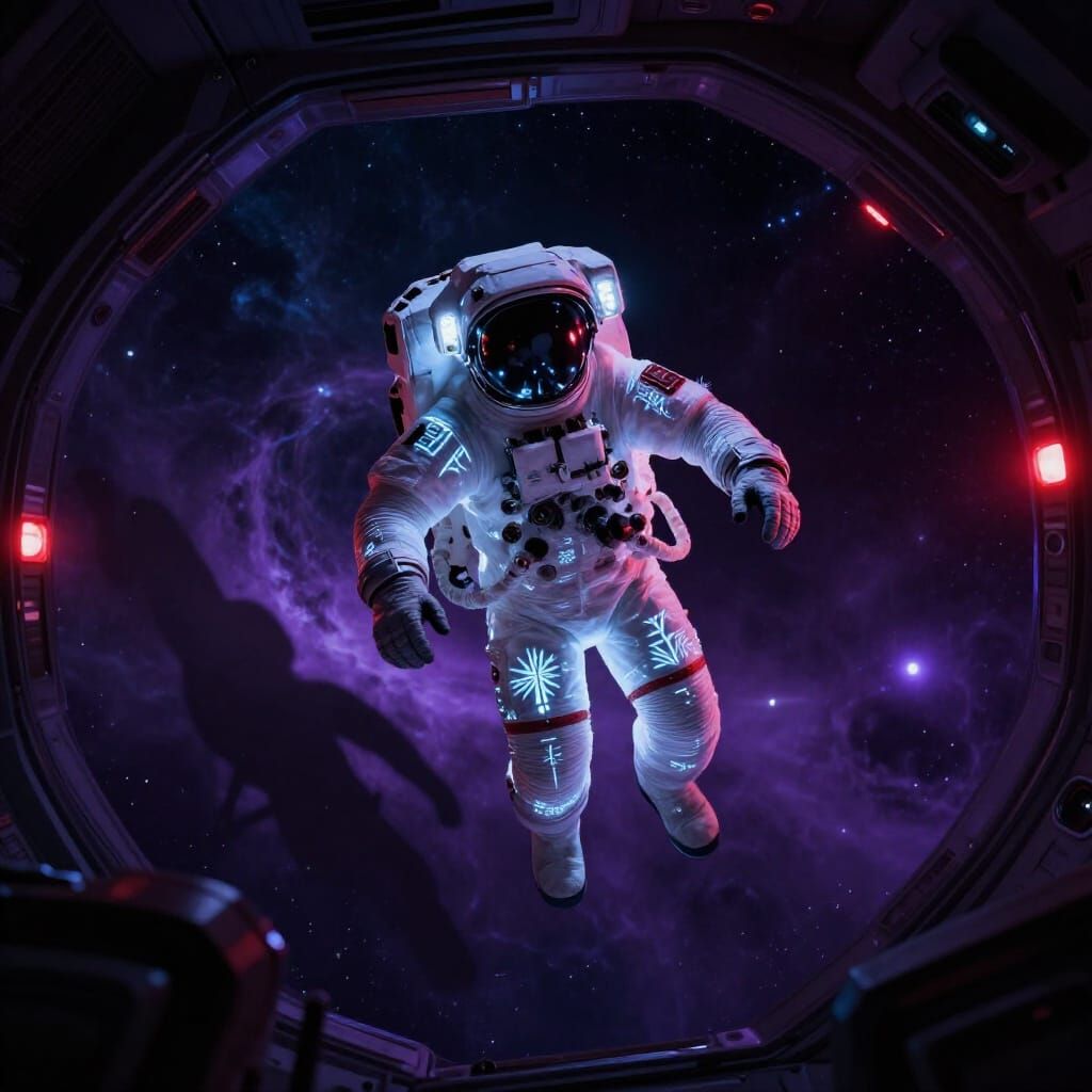 Astronaut in Alien Nebula with Glowing Frost Patterns