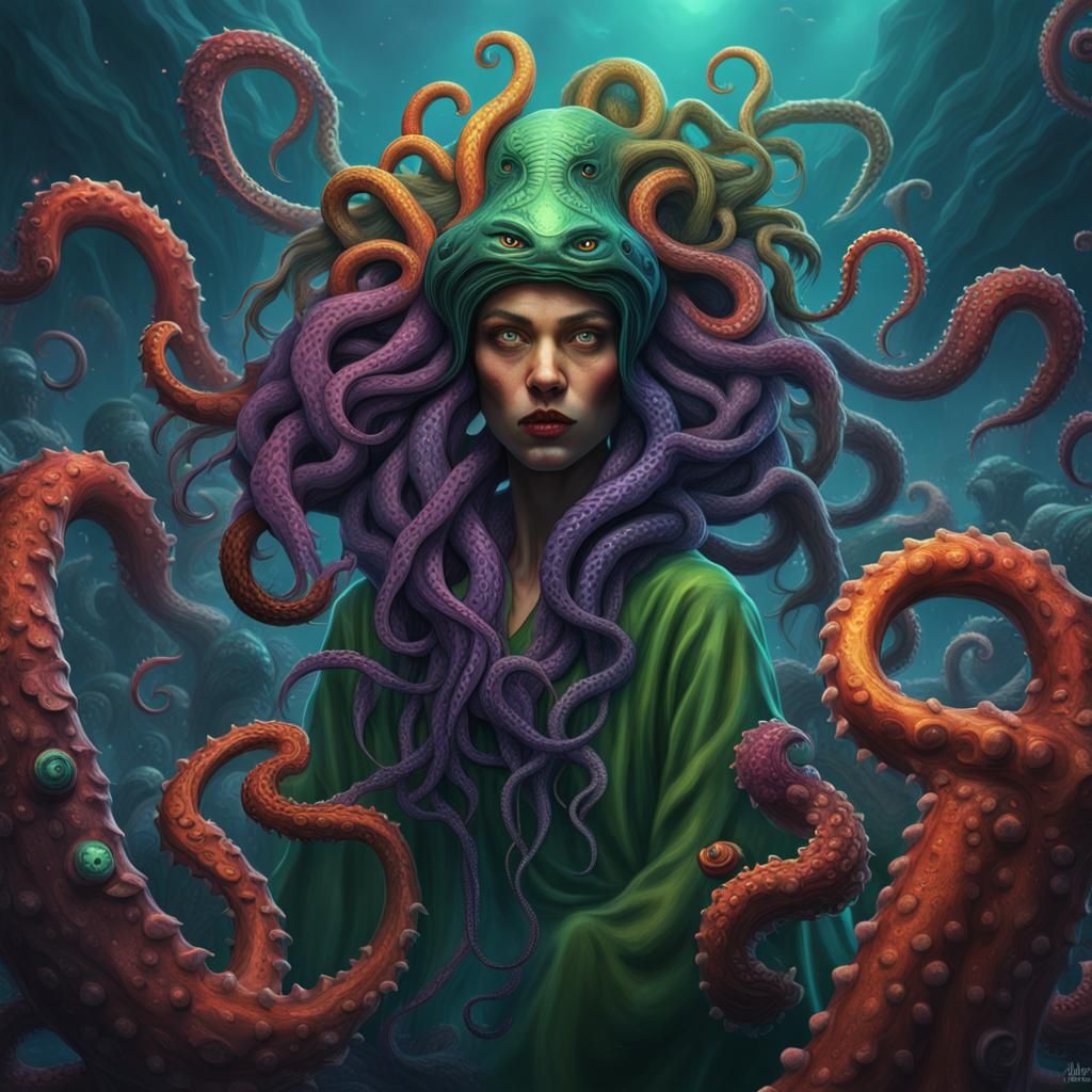 Colorful Tentacle Cthulhu Woman: Detailed Fantasy Art