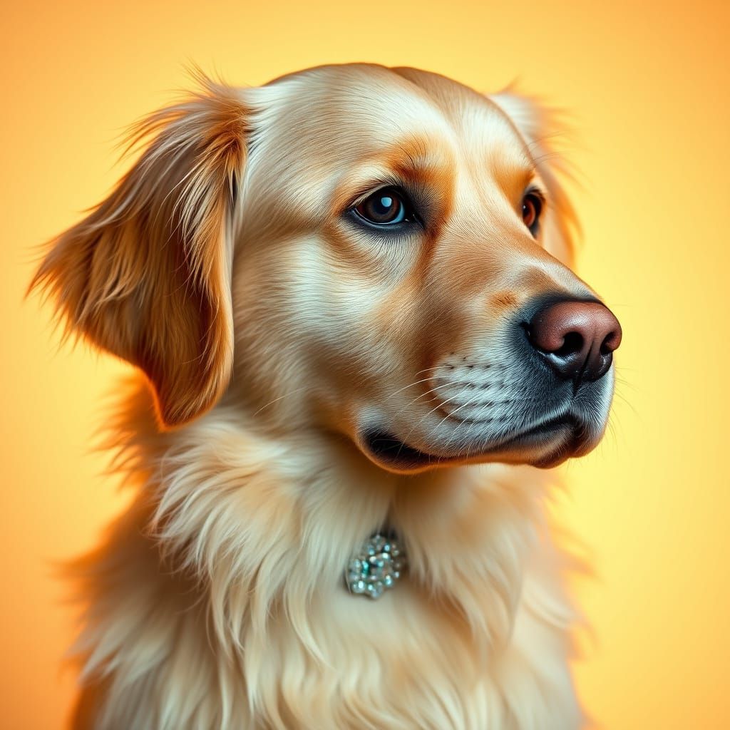 A contemplative portrait of a golden retriever with heteroch...