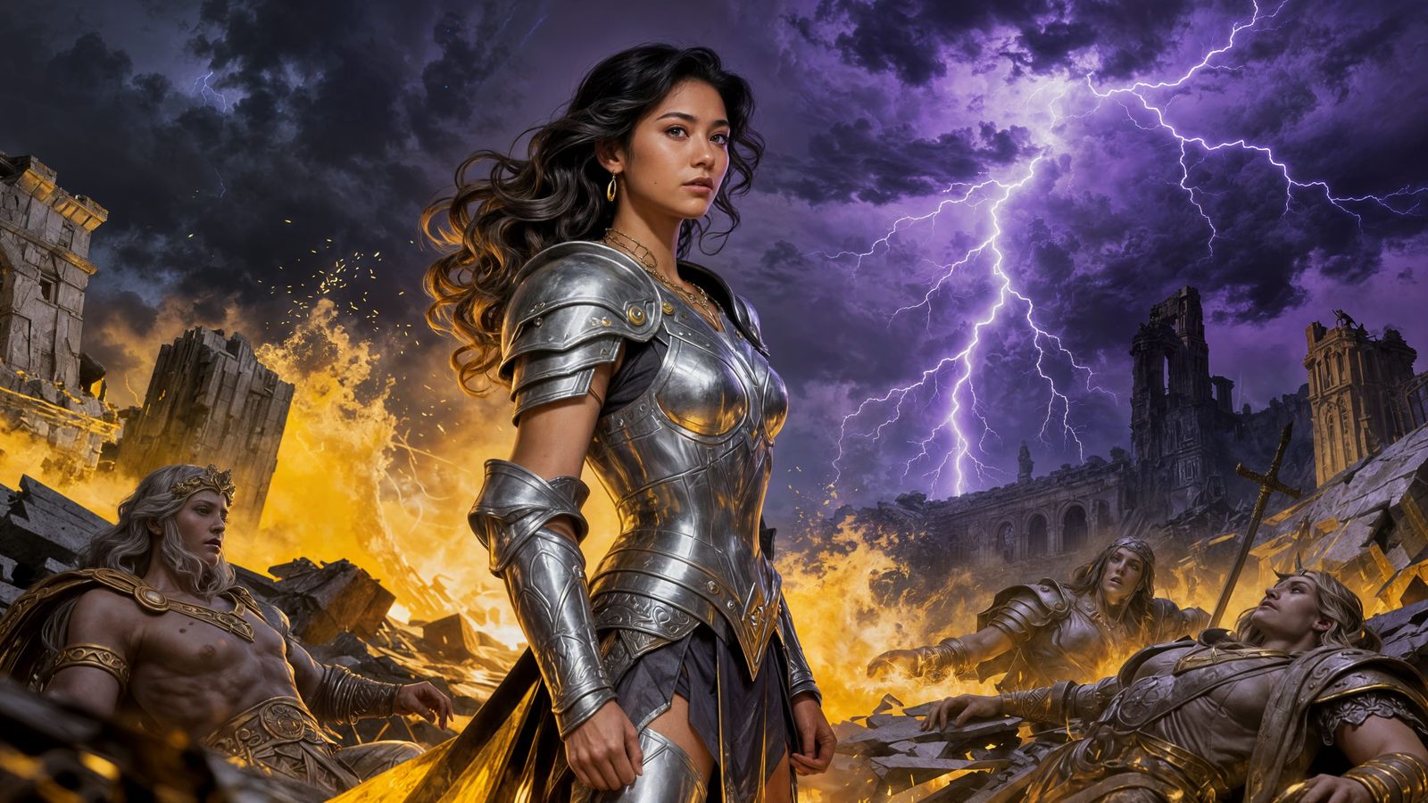 Warrior Goddess Amidst Ruins in Stormy Digital Painting