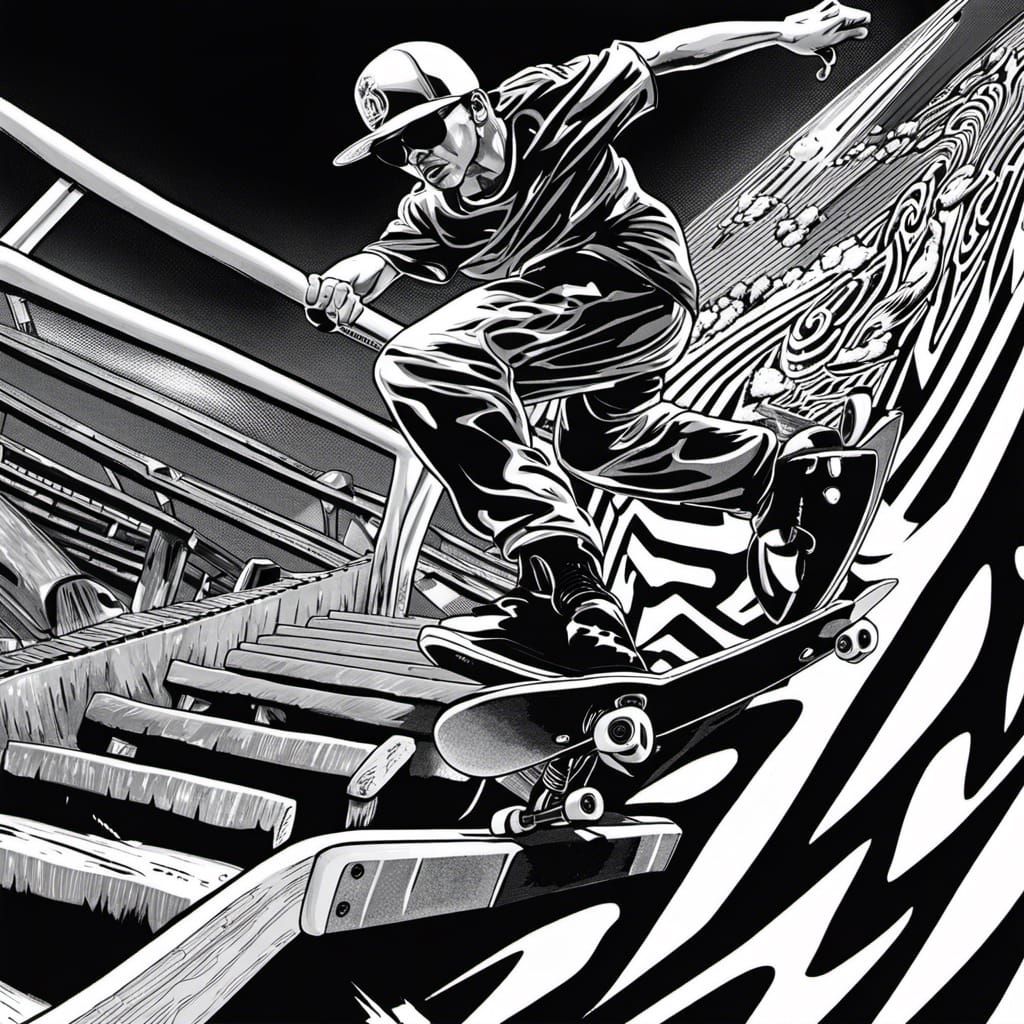 Skateboarder Grinding Rail in Psychedelic Caricature