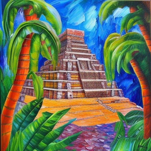 Mayan Temple in Jungle: Neo-Impressionist Oil Painting